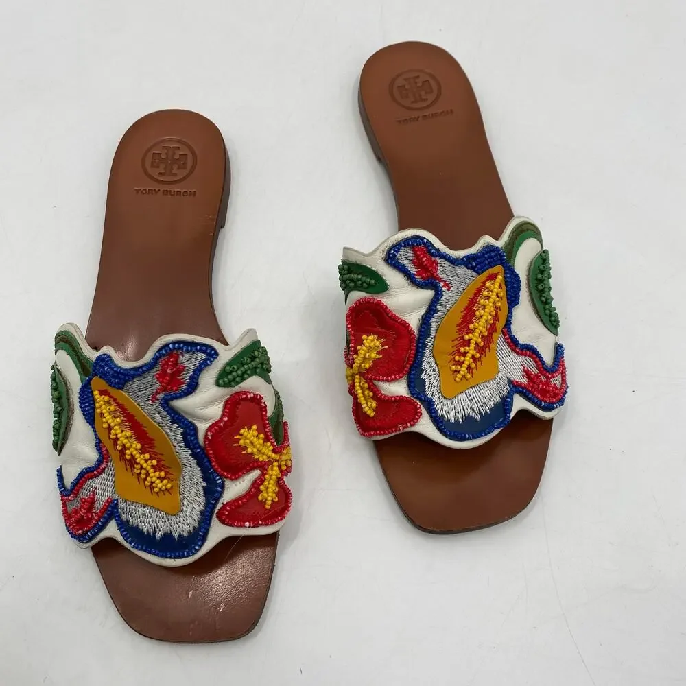 Tory Burch Multicolor Beads Embroidered Leather Bianca Slides Sandals